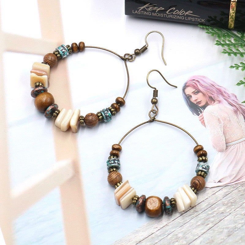 Accessories Fashion Bohemian Handmade Beaded Earrings Shell Wooden Beads Big Ear Ring Earrings - Image 3
